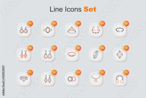 Set line Piercing, Locket on necklace, Wedding rings, Earrings, Necklace, Gem stone, Diamond engagement and Bracelet jewelry icon. Vector