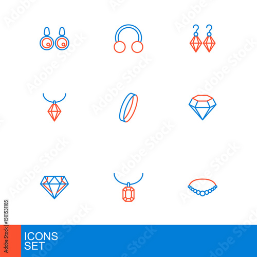 Set line Pearl necklace, Pendant on, Diamond, Wedding ring, Earrings and Piercing icon. Vector