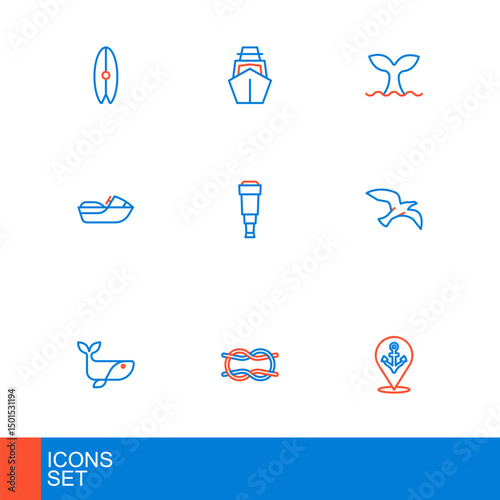 Set line Location with anchor, Nautical rope knots, Whale, Bird seagull, Jet ski, Spyglass telescope lens, tail and Yacht sailboat icon. Vector