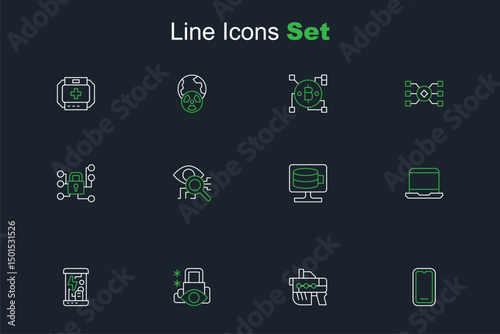 Set line Mobile phone, Futuristic weapon, Cyber security, Cryogenic capsules, Laptop, Cloud database, Eye scan and icon. Vector