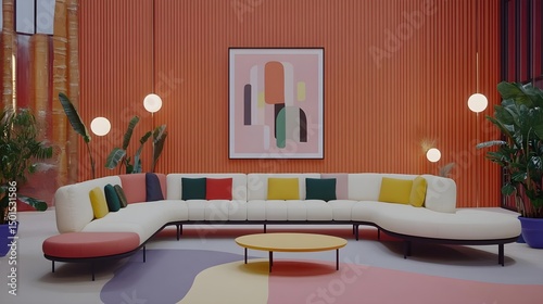 Bright and Colorful Living Room with Orange Wall and Modern Decor