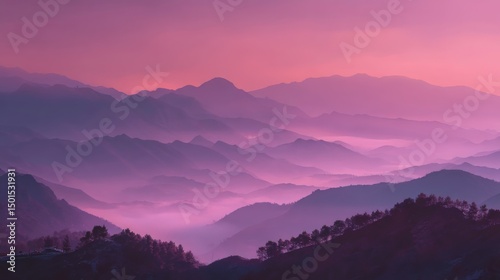 Misty Mountain Majesty at Sunrise: A Panoramic View of Serene Peaks