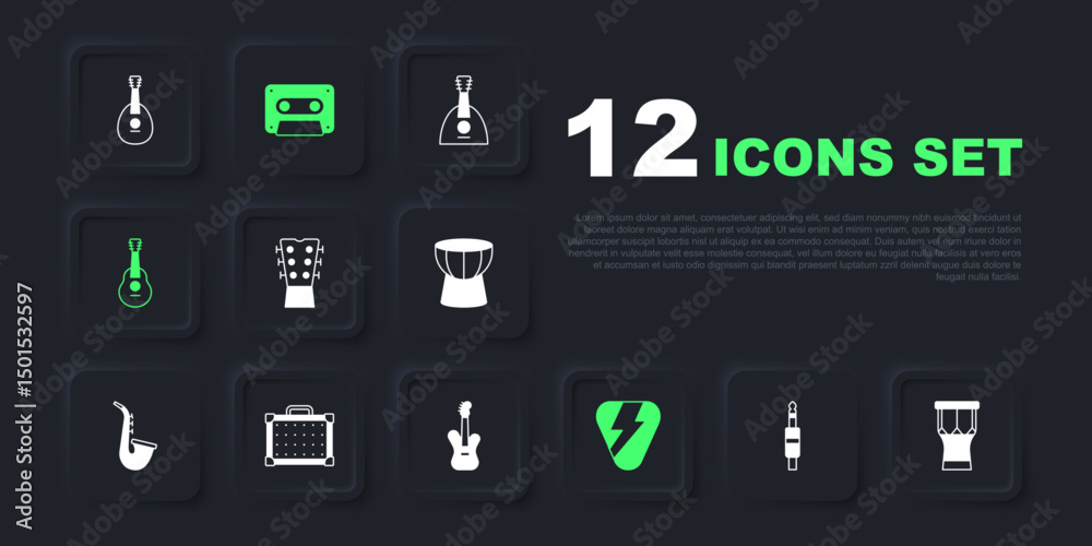 Set Audio jack, African percussion drum, Guitar neck, pick, amplifier, Retro audio cassette tape and Electric bass guitar icon. Vector Set Audio jack, African percussion drum, Guitar neck, pick, amplifier, Retro audio cassette tape and Electric bass guitar icon. Vector