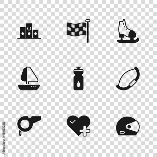 Set Heart rate, Medieval bow, Racing helmet, Fitness shaker, Skates, Award over sports winner podium, Checkered flag and Yacht sailboat icon. Vector