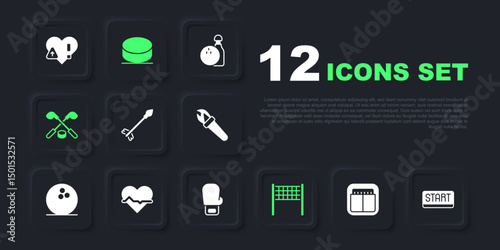Set Sport mechanical scoreboard, Ribbon in finishing line, Medieval arrows, Volleyball net, Ice hockey sticks and puck, Heart rate, Hockey and Boxing glove icon. Vector