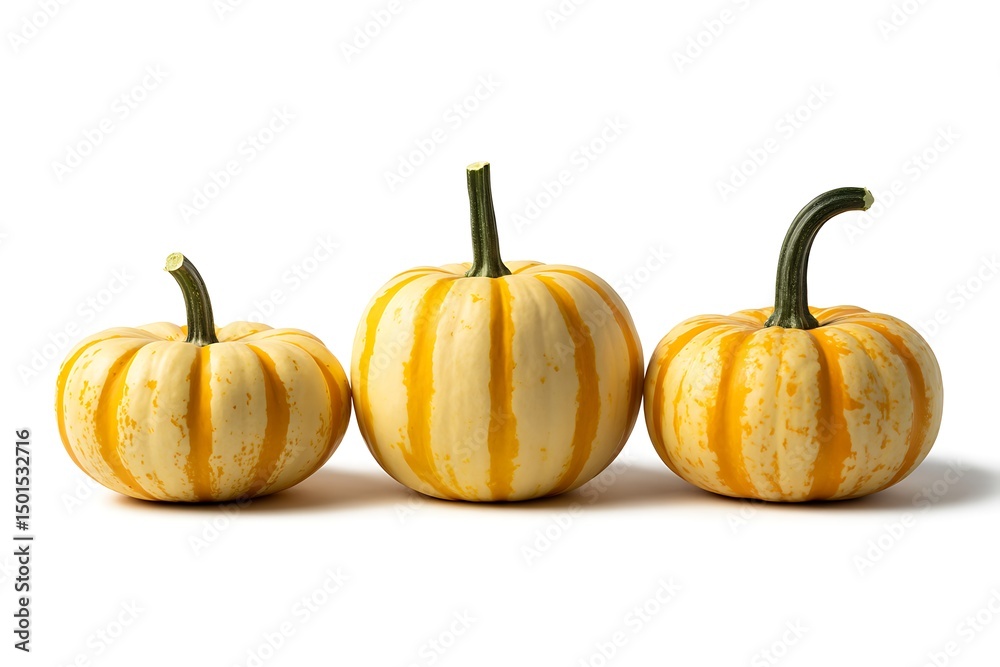 Fototapeta premium Three striped pumpkins of different sizes in a simple composition on white