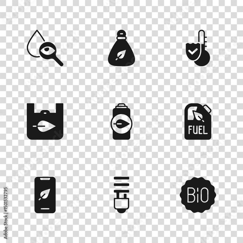 Set LED light bulb, Bio fuel canister, Banner for bio, Eco nature leaf battery, Thermometer, Drop and magnifying glass, Garbage bag and Shopping with recycle icon. Vector
