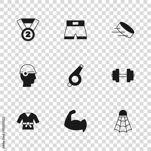 Set Bodybuilder showing his muscles, Dumbbell, Badminton shuttlecock, Whistle, Hockey puck, Medal, Boxing short and Baseball helmet icon. Vector
