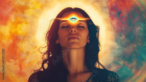 spiritual woman doing third eye meditation ajna chakra sixth chakra. opening third eye vision. connection to the universe photo