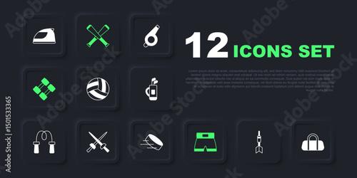 Set Dart arrow, Sport bag, Volleyball ball, Boxing short, Dumbbell, Fencing, Crossed baseball bat and Hockey puck icon. Vector