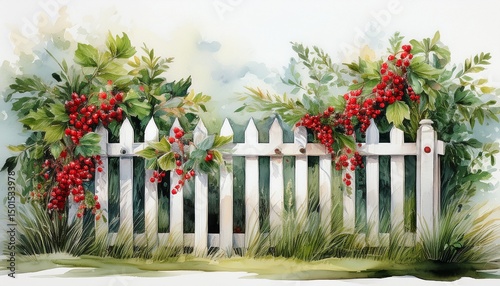 watercolor painting of a white picket fence adorned with lush red berries and greenery