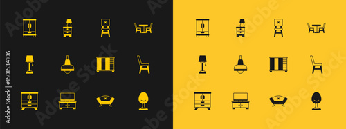 Set Table with chair, TV table stand, Wardrobe, Sofa, Lamp hanging, Chair, and Furniture nightstand lamp icon. Vector