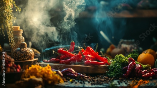 Fototapeta Naklejka Na Ścianę i Meble -  Colorful cooking with spices and herbs in smoky kitchen for culinary gourmet preparation restaurant lifestyle photo