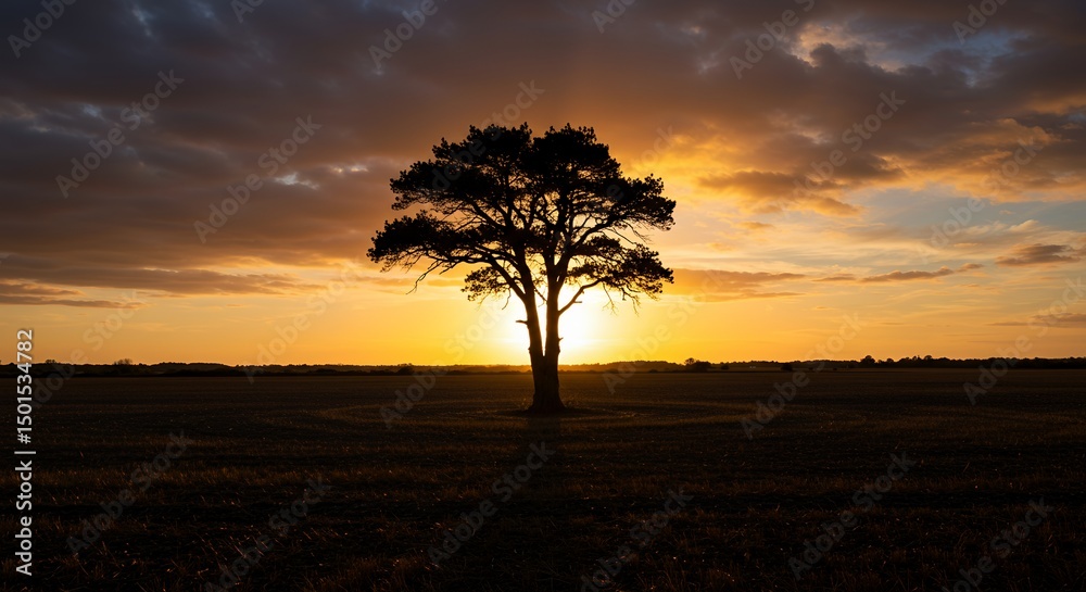 Obraz premium AI Generated Landscape of Silhouetted Tree at Sunset with Radiant Sky and Negative Space
