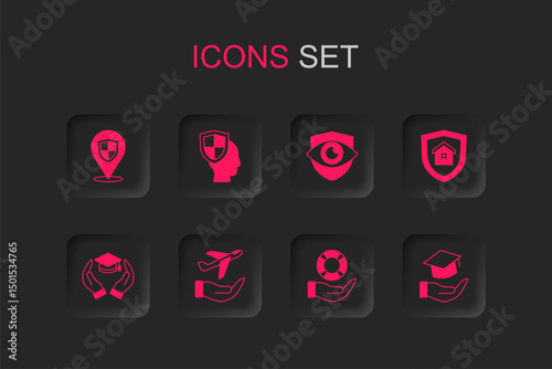Set Plane in hand, Life insurance with shield, Location, Lifebuoy, House, Education grant, Shield eye and icon. Vector
