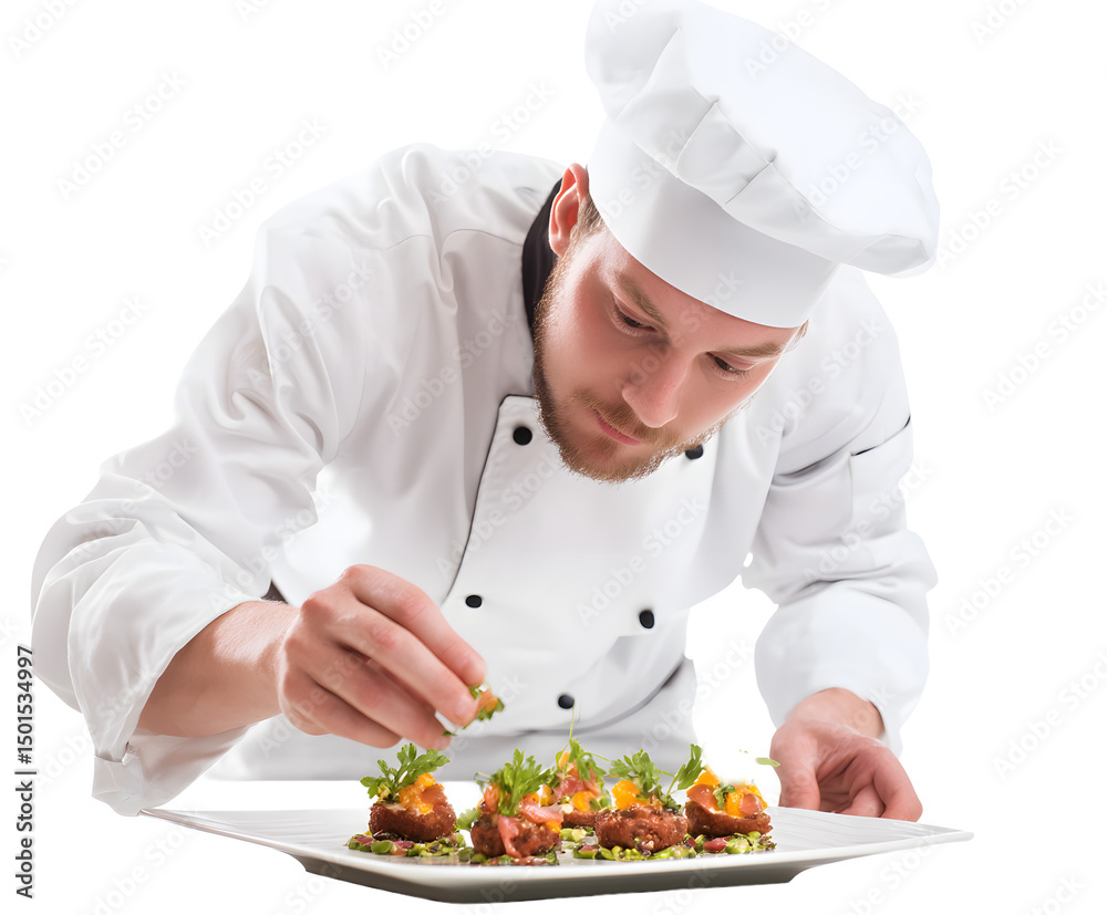 A skilled chef carefully plates an assortment of gourmet appetizers with fresh garnishes for service. A skilled chef carefully plates an assortment of gourmet appetizers with fresh garnishes for service.