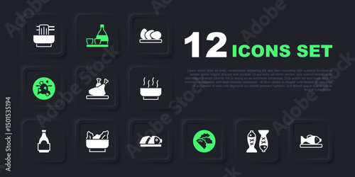 Set Served fish on a plate, Roasted turkey or chicken, Dumpling, Kung Pao, Wonton, Bottle of sake and Fish with sliced pieces icon. Vector