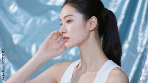 A woman with a ponytail posing against a blue background
