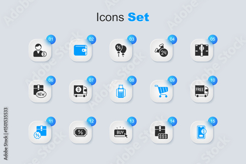 Set Item price tag with dollar, Armored truck, Wallet, Cardboard box discount, Mobile, Free delivery service, Buyer and POS terminal icon. Vector