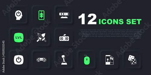Set Case of computer, Game dice, Sword for game, Computer mouse, Level, controller joystick, Mobile gaming and Gear shifter icon. Vector