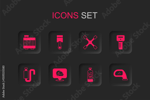Set Racing helmet, Engine piston, Car radiator cooling system, Nitrous oxide, key with remote, mirror, Wheel wrench and muffler icon. Vector