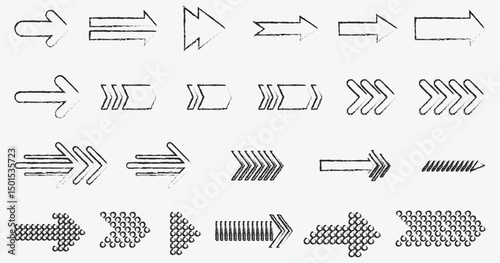 Hand drawn arrows collection Set simple flat arrows isolated on white background. Arrow mark icons and arrow paint. Stock vector