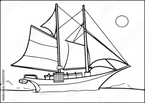 A serene sailing ship or sailboat silhouette glides across the ocean or sea, a classic nautical vessel under a vast sky