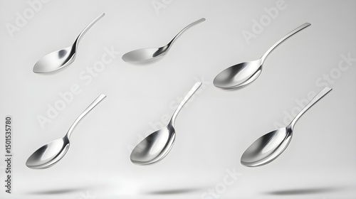 Floating Stainless Steel Spoons in Air on Light Gray Background