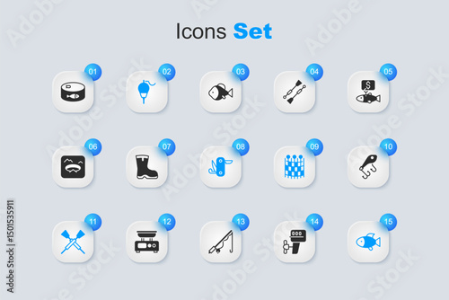 Set Outboard boat motor, Fishing boots, float, Crossed oars paddles, lure, Canned fish and Swiss army knife icon. Vector