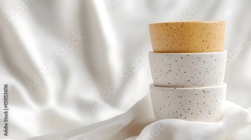 Three Speckled Ceramic Cups Stacked Vertically on Soft Fabric Background
