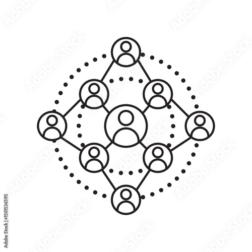 Diamond-shaped social network icon with central person linked to eight surrounding figures, ideal for hierarchy, organization charts, social media, user interface, and communication graphics