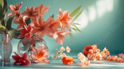 Vase with cherry blossoms and water reflection pastel pink and blue minimal floral spring interior