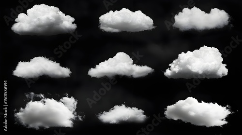 Realistic White Cotton Clouds Isolated on Black Background