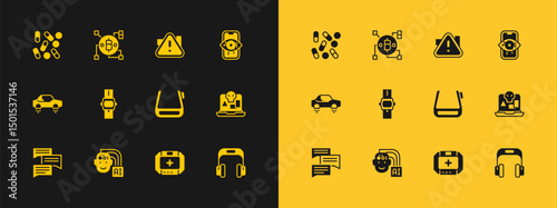 Set Computer vision, Humanoid robot, Smart glasses spectacles, First aid kit, Wrist watch, Exclamation mark in triangle, Medical pill biohacking and Blockchain technology Bitcoin icon. Vector