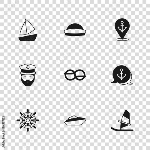 Set Speedboat, Anchor, Windsurfing, Nautical rope knots, Location with anchor, Yacht sailboat, Sailor hat and Captain of ship icon. Vector
