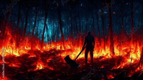 Lone Figure Holding a Large Axe at the Edge of a Fiery Forest