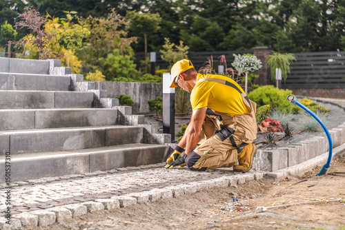 Foto Skilled Worker Laying Cobblestones for a Garden Pathway in a Landscaped Area Dur