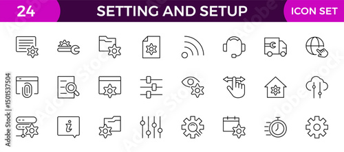 Setting and setup Solid icon collection. app and website settings icon set. options, configuration, preferences, adjustments, tools, gear, control panel, management, and productivity icons.