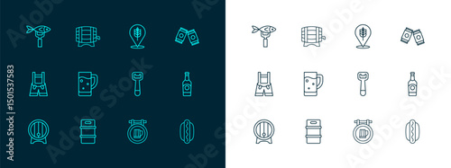 Set line Beer can, Metal beer keg, Bottle opener, Street signboard with, Glass of, Wheat, Dried fish and Wooden barrel on rack icon. Vector