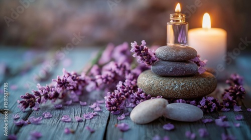 Spa wellness setting with stones candles lavender calm zen peaceful therapy nature relaxation health balance