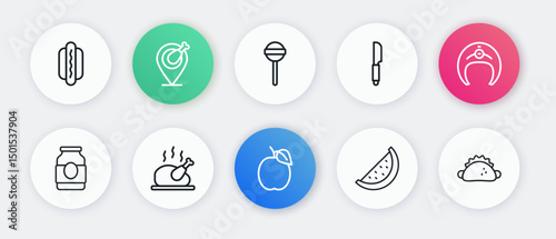 Set line Plum fruit, Fish steak, Jam jar, Watermelon, Knife, Lollipop, Taco with tortilla and Roasted turkey chicken icon. Vector