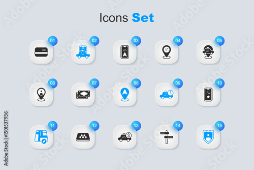 Set Road traffic sign, Stacks paper money cash, Taxi mobile app, Location taxi car, Life insurance with shield, Credit card and icon. Vector