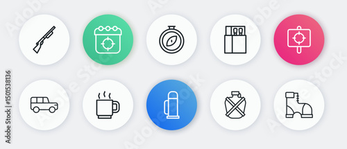 Set line Thermos container, Target sport, Safari car, Canteen water bottle, Open matchbox and matches, Compass, Hunter boots and Coffee cup icon. Vector