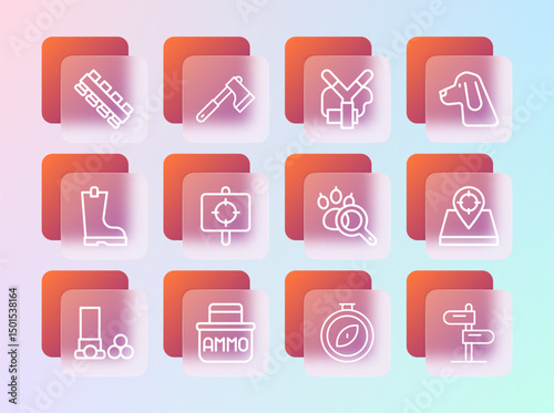 Set line Hunting dog, Ammunition box, Paw search, Compass, Target sport, Slingshot, cartridge belt and Wooden axe icon. Vector
