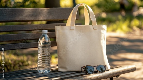 Canvas tote bag beside a reusable water bottle and sunglasses on a sunny outdoor bench