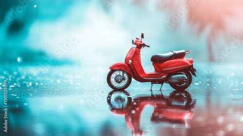 Red scooter reflection wet ground retro style rain travel mobility minimal fun blue water