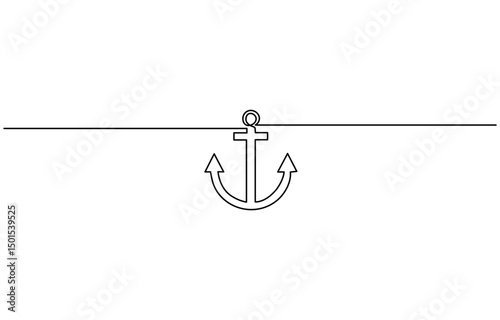 Continuous line drawing of sea anchor, Large sea anchor of the ship. Set of sea ocean elements, Continuous one line drawing of anchor banner. Linear style.