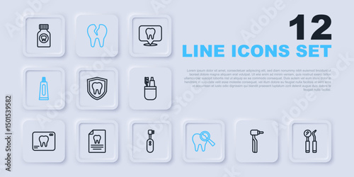 Set line Tooth drill, Dental mirror and probe, protection, Broken tooth, Tube of toothpaste, Clipboard with dental card, and Electric toothbrush icon. Vector