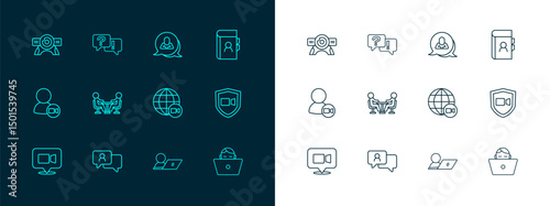 Set line Phone book, Speech bubble chat, Video conference, Meeting, Web camera and Question and Answer icon. Vector