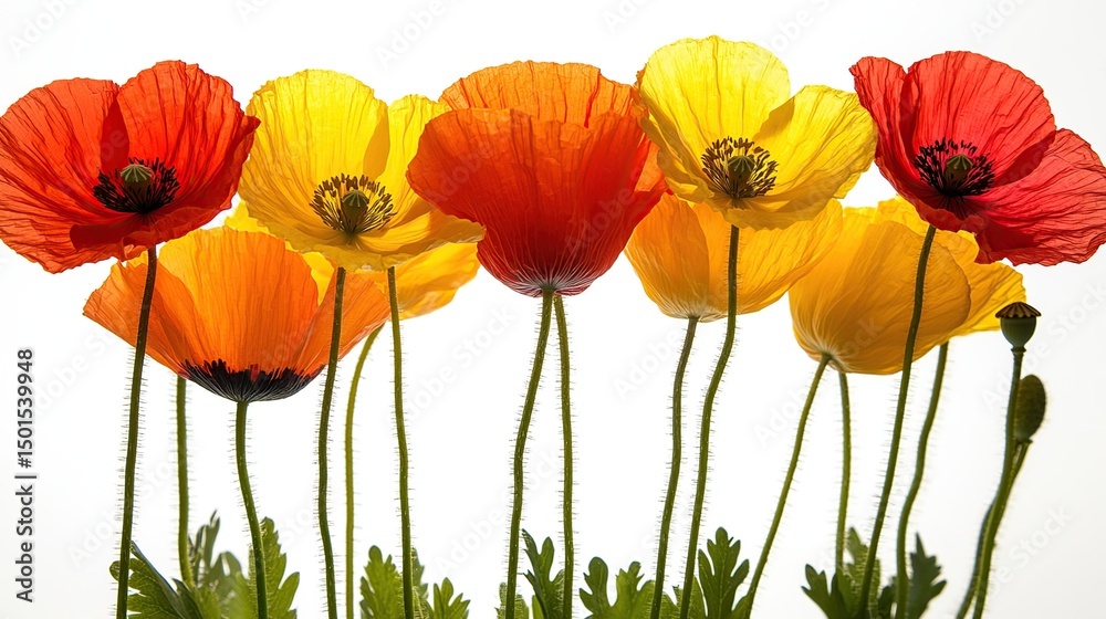 Obraz premium Vibrant poppy blossoms in various shades of red, orange, and yellow against a white background
